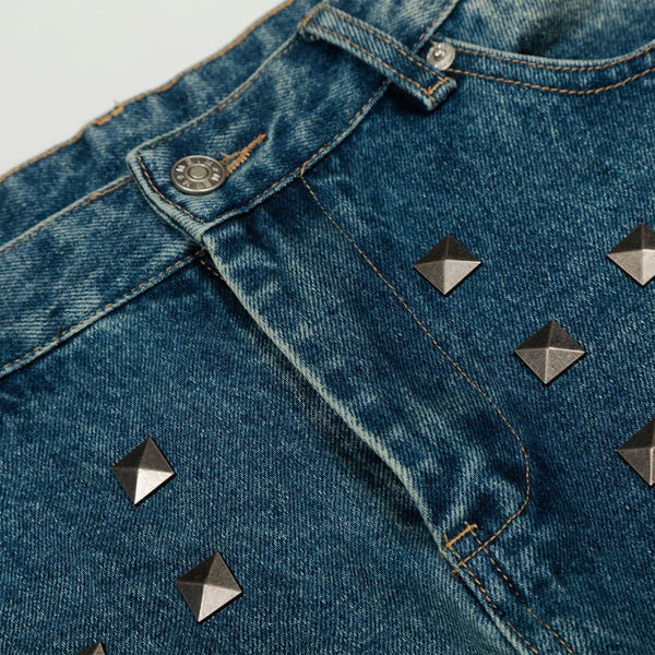Distressed Metal Stud Wide-Leg Vintage Blue Jeans