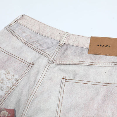 High Street Vintage-Inspired Patchwork Print Wide-Leg Jeans