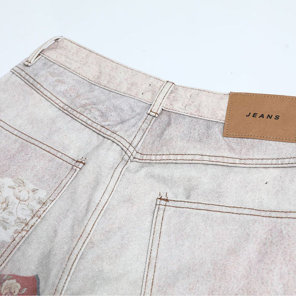 High Street Vintage-Inspired Patchwork Print Wide-Leg Jeans