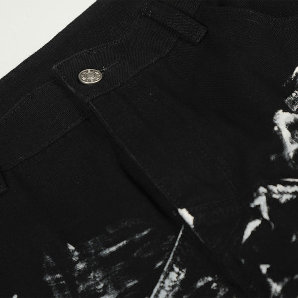 Painted Distress Black Wide Leg Star Patch Jeans