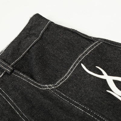 Flame Print Black Wide Leg Denim Shorts