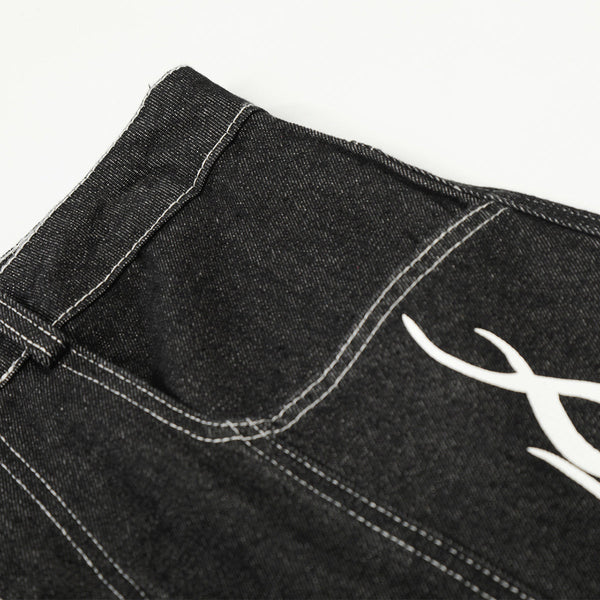 Flame Print Black Wide Leg Denim Shorts