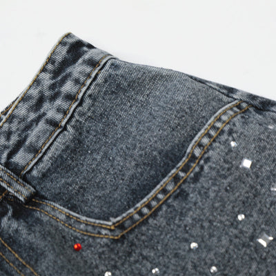 Starry Denim Bermuda Shorts Distressed Wash Colorful Accents