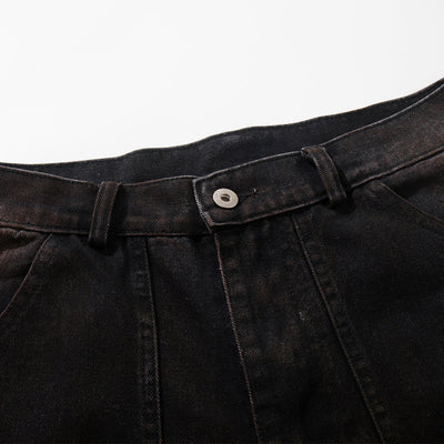 Artistic Brown Fade Geometric Stitching Black Denim Wide Leg Jeans
