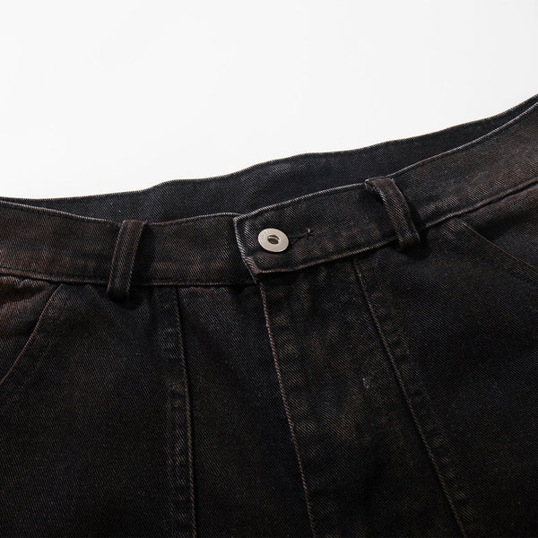Artistic Brown Fade Geometric Stitching Black Denim Wide Leg Jeans