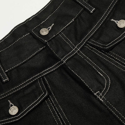 Black Wide Leg Contrast Stitch Denim Pants