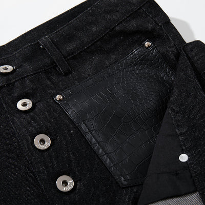 Faux Leather Accent High Waisted Wide Leg Denim Trousers
