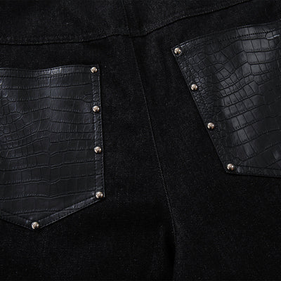 Croc Textured Panels Edgy Black Denim Wide Leg Jeans