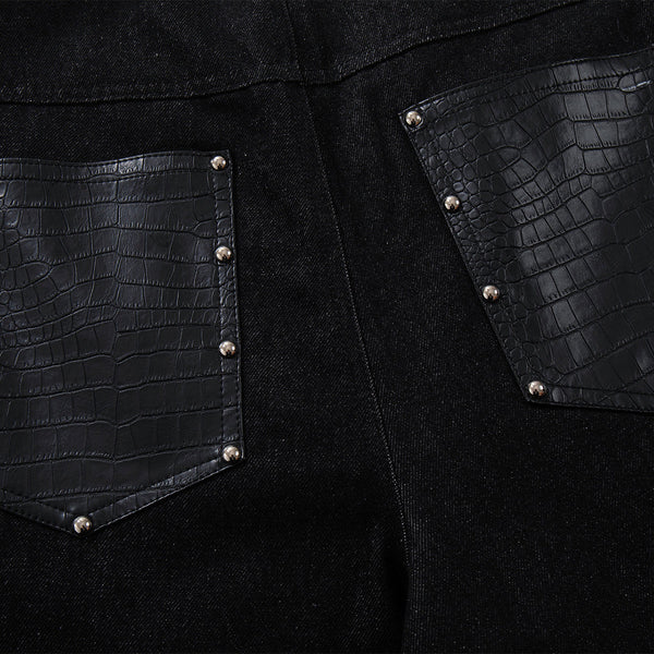 Croc Textured Panels Edgy Black Denim Wide Leg Jeans