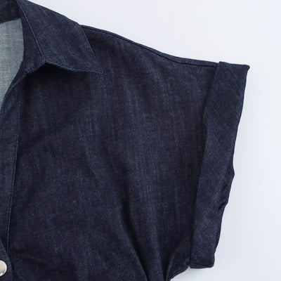 Short-Sleeve Button-Front Denim Midi Dress