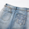 Raw-Edge Hem Heavily Embroidered Denim Skirt