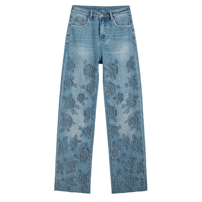 Rose Embroidered Lace-Cut Jeans with Pearl Beading