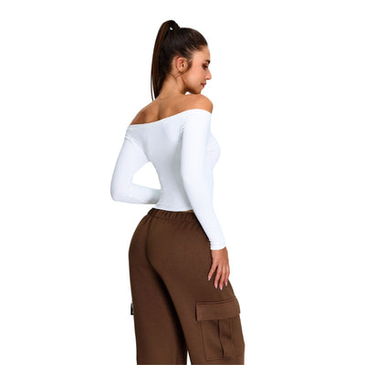 Off-Shoulder Seamless Long-Sleeve Crop Tee