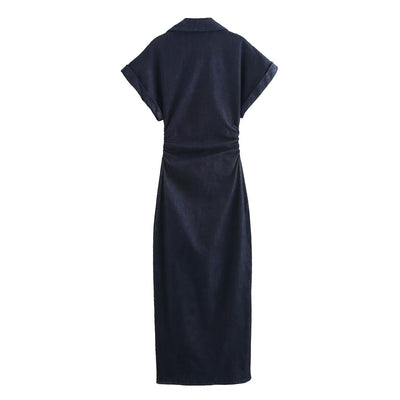 Short-Sleeve Button-Front Denim Midi Dress