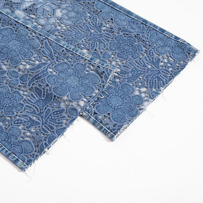 Raw Hem Floral Lace-Cut Jeans with Rhinestones