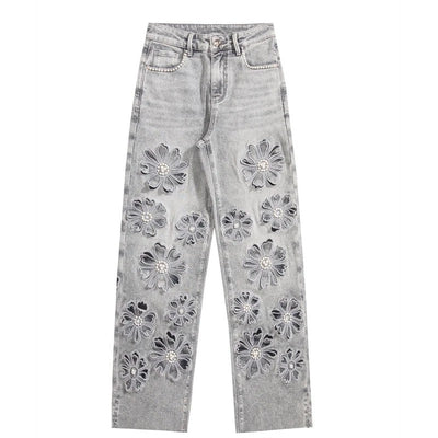 Beaded-Embroidered Floral Cut-Out Ankle Jeans