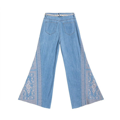 Raw Hem Ethnic Motif Embroidery Flared Jeans
