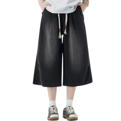 Drawstring Waist Washed Cropped Denim Pants