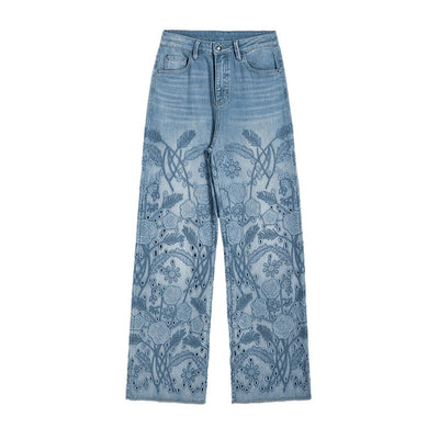 Wide-Leg Rose-Embroidered Cut-Outs Jeans