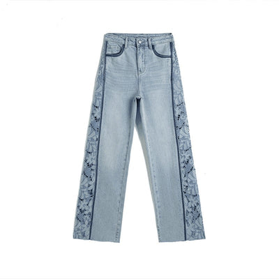 Lightweight Rhinestone & Embroidered Cut-Out Jeans