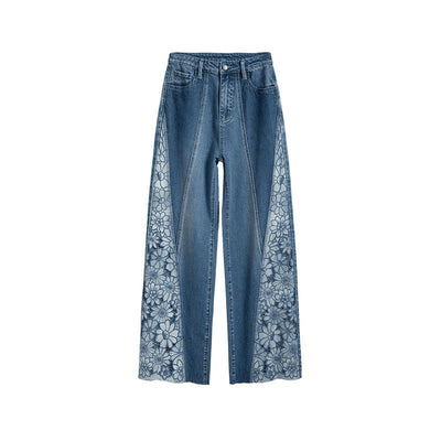 Floral Embroidered Cut-Out Baggy Jeans