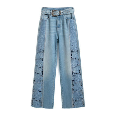 Wide-Leg Rhinestone & Embroidered Cut-Out Jeans