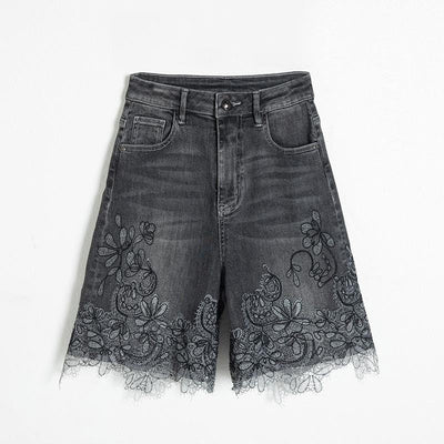 Asymmetric Heavy Embroidered Denim Shorts