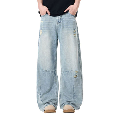 Whisker Barrel-Leg Ripped Denim Pants