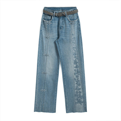 Pearl-Frog Embroidered Wide-Leg Jeans