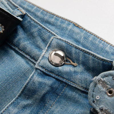 Wide-Leg Rhinestone & Embroidered Cut-Out Jeans