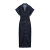 Short-Sleeve Button-Front Denim Midi Dress