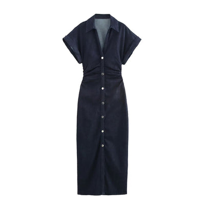 Short-Sleeve Button-Front Denim Midi Dress
