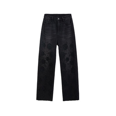 Rose Embroidered Lace-Cut Jeans with Pearl Beading