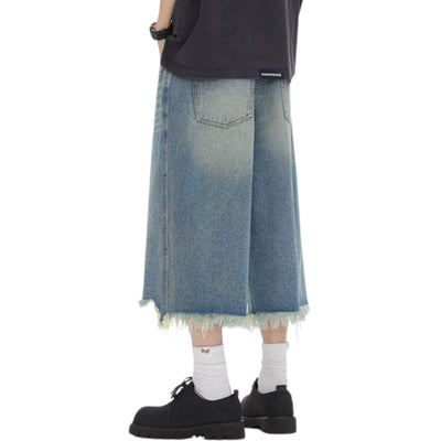 Destroyed Raw-Hem Wide-Leg Cropped Jeans