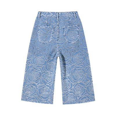 Floral Lace-Cut Cropped Denim Pants