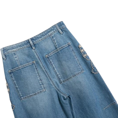 Pearl-Embellished & Butterfly-Embroidered Baggy Jeans