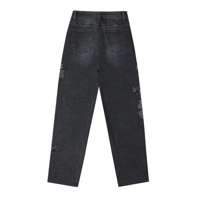 Sequined & Beaded Floral Embroidery Tapered Ankle Jeans