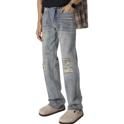 Vintage-Wash Ripped Denim Pants