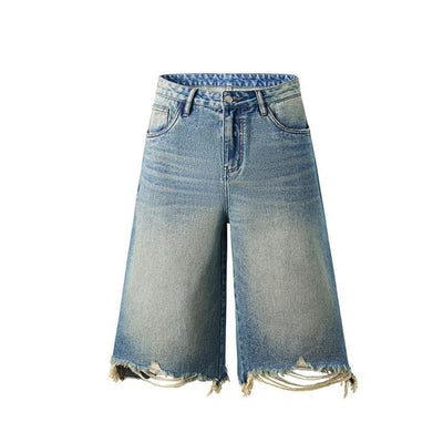 Destroyed Raw-Hem Wide-Leg Cropped Jeans