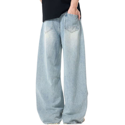 Whisker Barrel-Leg Ripped Denim Pants