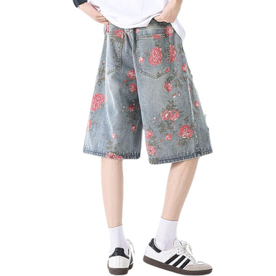 Floral Print Ripped Bermuda Denim Shorts