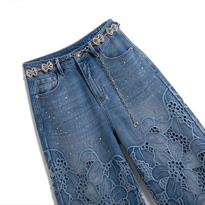 Rhinestone-Transferred & Embroidered Cut-Out Jeans