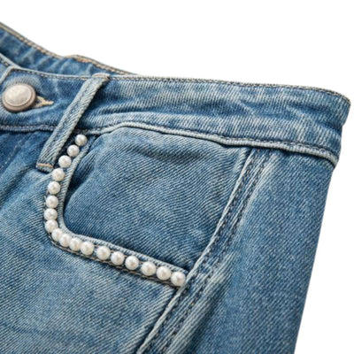 Pearl-Embellished & Butterfly-Embroidered Baggy Jeans