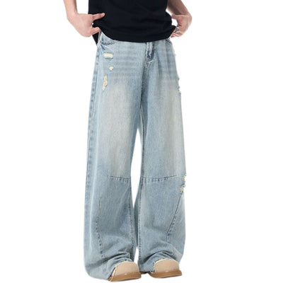 Whisker Barrel-Leg Ripped Denim Pants