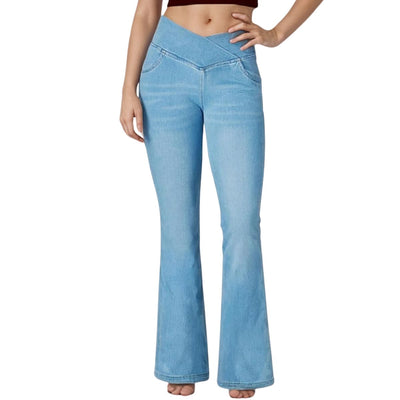 Crossover Waist Knit Denim Bootcut Pants