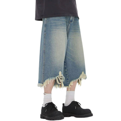 Destroyed Raw-Hem Wide-Leg Cropped Jeans