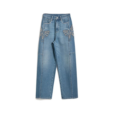 Pearl-Embellished & Butterfly-Embroidered Baggy Jeans