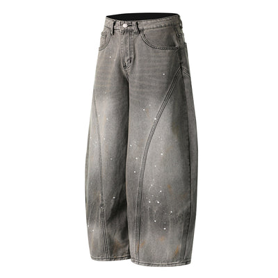 Paint Splatter Panel Stitching Barrel-Leg Jeans