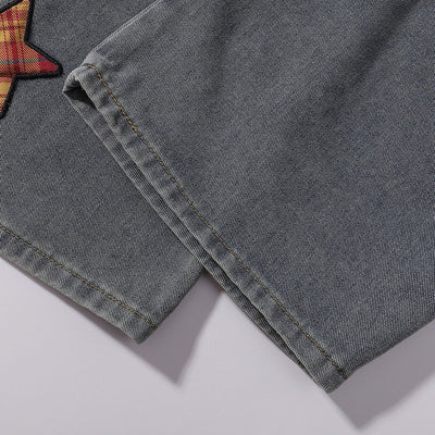 Plaid Trim Star Patched Wide Leg Denim Jeans