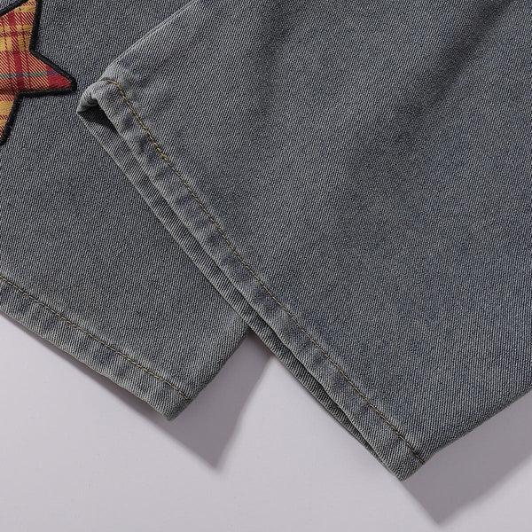 Plaid Trim Star Patched Wide Leg Denim Jeans